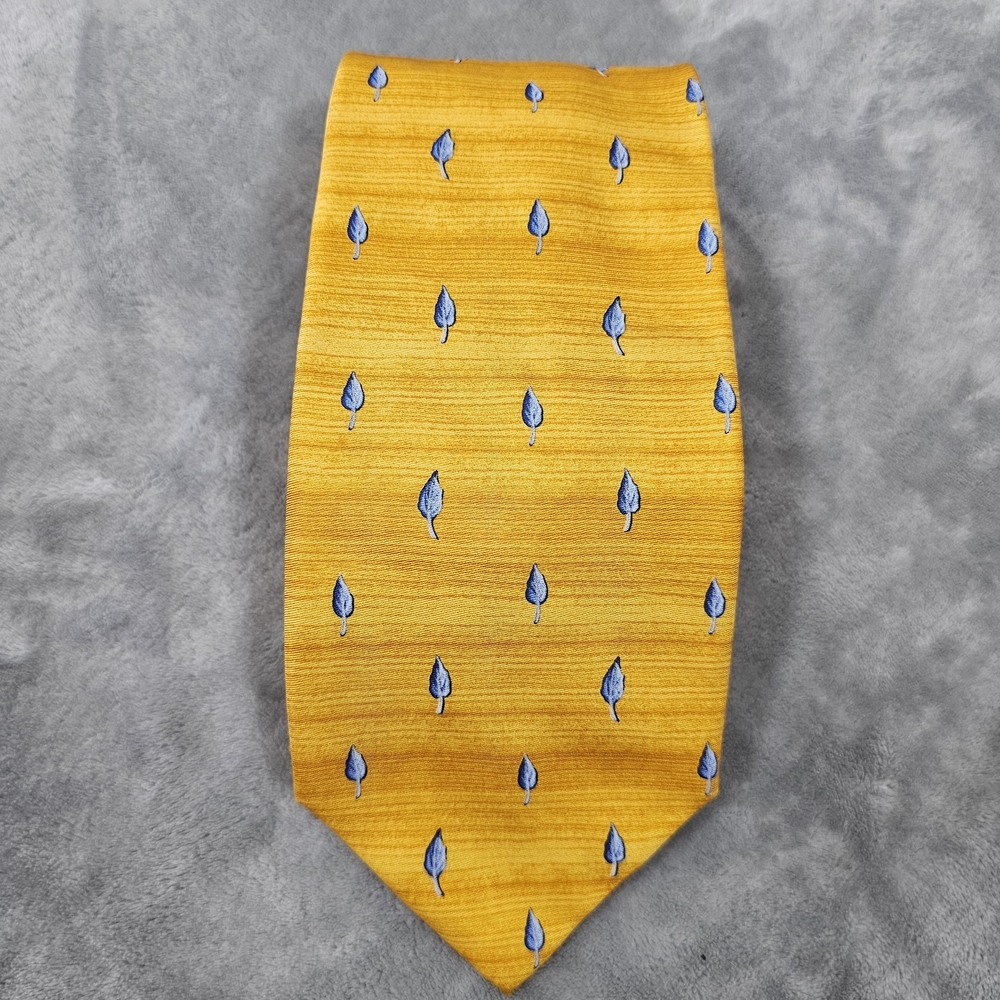 Vintage Yves Saint Laurent (YSL)‎ Silk Tie - Yellow with Blue Leaf Pattern
